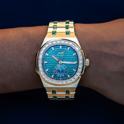 39MM Visionary Moissanite Iced Emerald Stone Band Watch - Yellow Gold