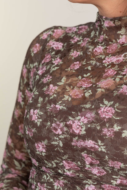 Brown Floral Mock Neck Fitted Mesh Knit Top