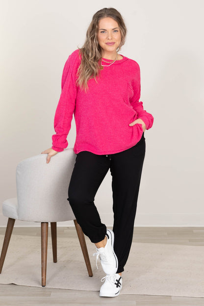 Brushed Ribbed Hacci Round Neck Knit Tops