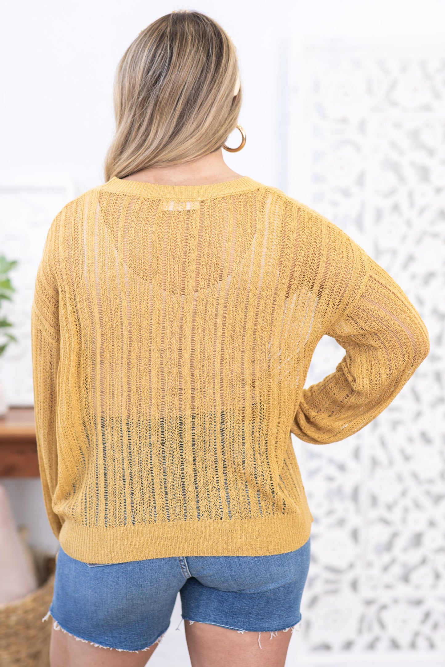 Camel Pointelle Crewneck Sweater