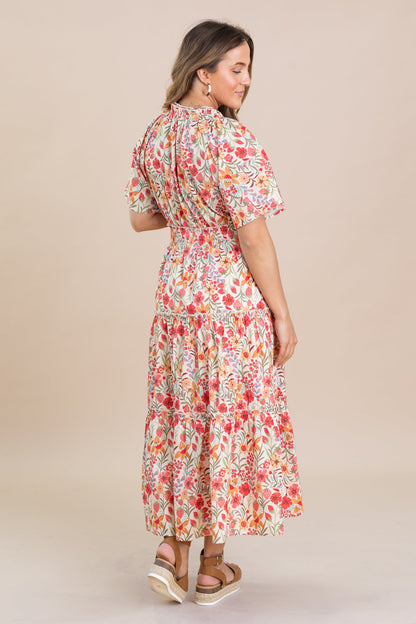 Coral Floral Tiered Maxi Dress