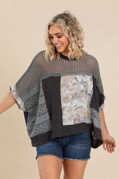 Charcoal Floral Pattern Rib Knit Top