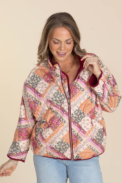 Burgundy Patch Print Light Padded Jacket