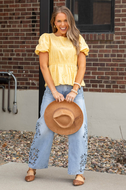 Butter Yellow Crochet Floral Peplum Top- 100% Cotton